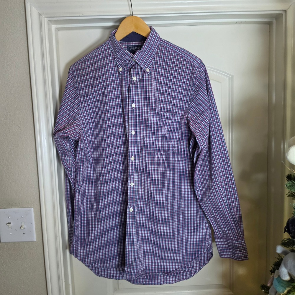 Charles Tyrwhitt Mens Poplin Weave Check Button Down Shirt Purple Blue Size M